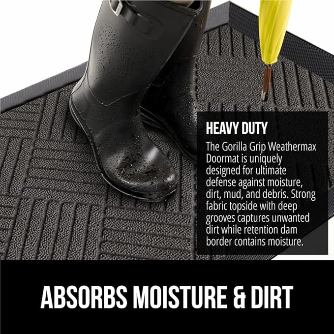 GORILLA GRIP 100% Waterproof All-Season WeatherMAX Doormat US Designed Natural Rubber, Stain Fade Resistant, Low Profile Indoor Outdoor Door Mats, Easy Clean, 29x17 Gray Diamond