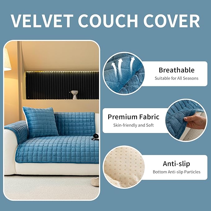 MDSASFD Velvet Couch Cover, Plush Sectional Sofa Cover Washable, Anti Slip Sofa Slipcover for 3 Cushions Sofas, Furniture Protector Covers for Pets & Kids(1PC, Blue, 35.4"×71", 3-Seater)
