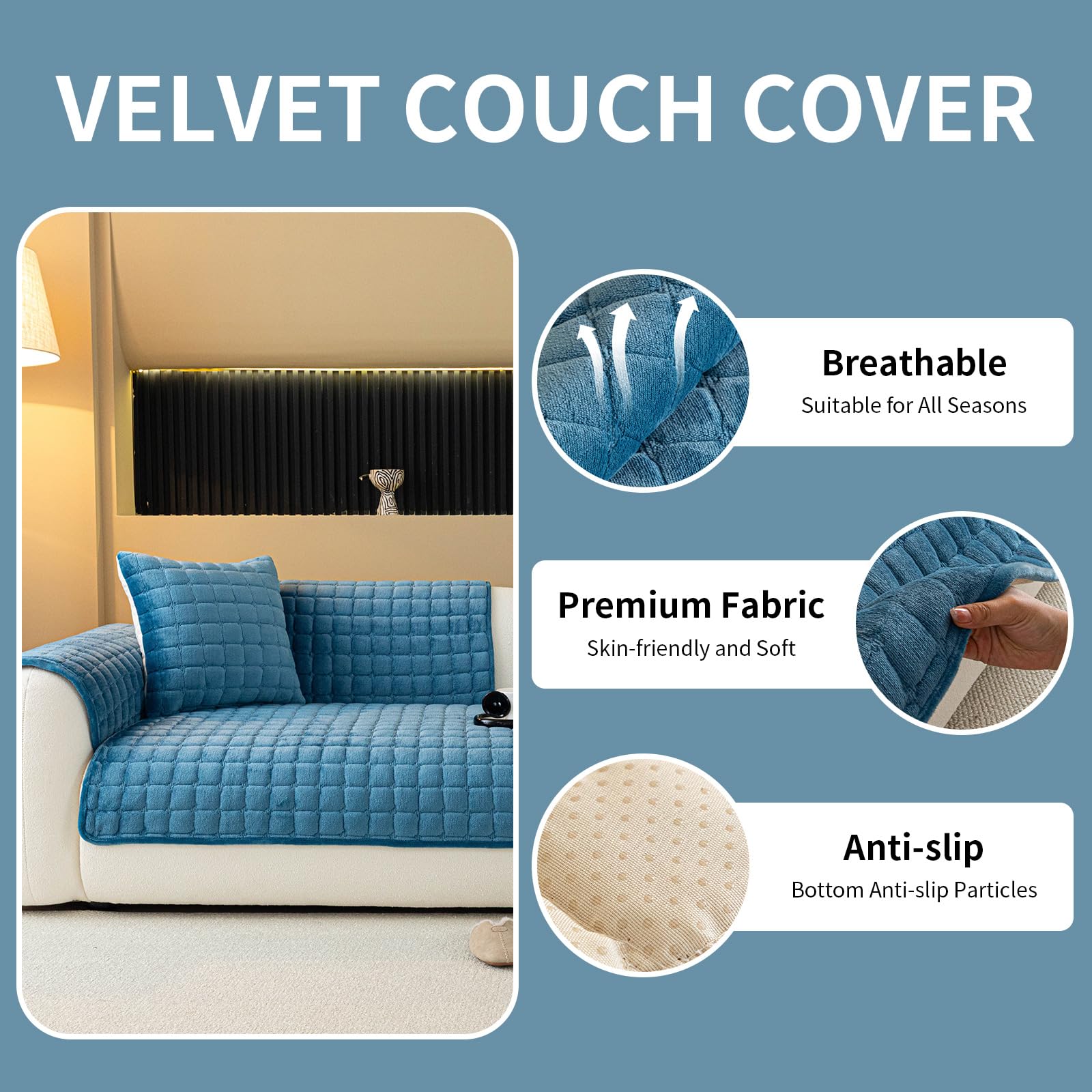 MDSASFD Velvet Couch Cover, Plush Sectional Sofa Cover Washable, Anti Slip Sofa Slipcover for Armrest & Backrest, Furniture Protector Covers for Pets & Kids(1PC, Blue, 35.4"×35.4", Single Seater)