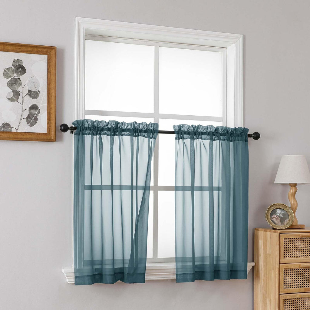 Ebesto Small Sheer Curtains Tier 24 Inches Length 2 Pieces, Light Filtering Cafe Curtains for Living Room Bathroom, Modern Window Treatments Dual Rod Pocket Panels, Dusty Blue, 2X42Wx24L Inches