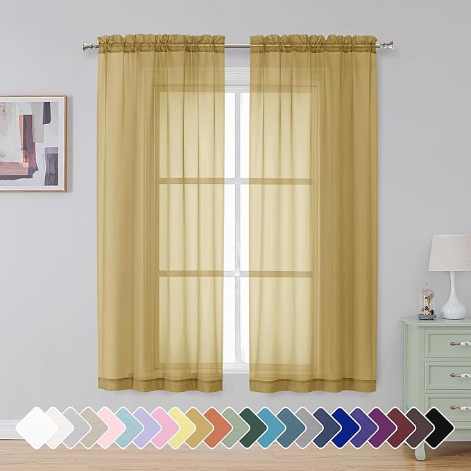 Simplebrand Rod Pocket Top Solid Voile Sheer Curtains for Bedroom, 54 Inch Length Drapes Set of 2, Lightweight and Light Filtering Elegant Curtains Panels Window Treatment, 42W×54L, Gold