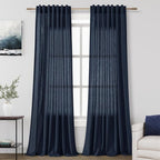 Nanspring Navy Blue Curtains 80 Inches Length for Living Room Back Tab Rod Pocket Semi Sheer Linen Drapes Muted Neutral Boho Indigo Blue Linen Textured Window Curtain for Dining Room 52X80 Inch