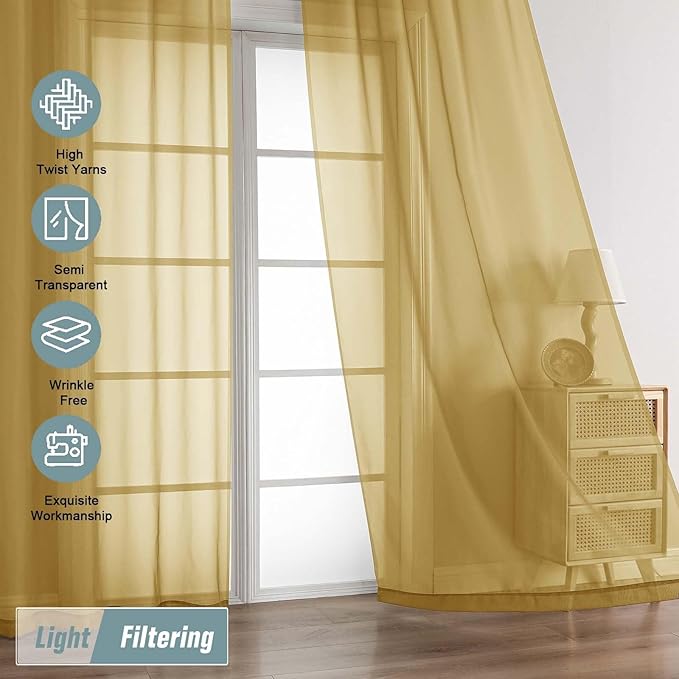 Gold Sheer Curtains 63 Inch Length 2 Panels, Voile Sheer Curtain for Living Room, Breathable Light Filtering Modern Window Treatments, Soft Fabric Dual Rod Pocket Drapes, 2x42Wx63L Inches
