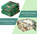 MSGKV Boho Throw Blanket 100% Cotton Green Blanket 90''x 98'' Spring Reversible Blankets with Tassels Warm Soft Blanket for Bed Sofa Living Room