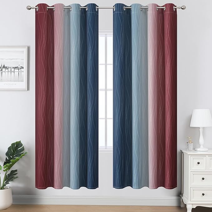 Navy Blue and Burgundy Red Ombre Blackout Curtains for Bedroom 72 Inch Long