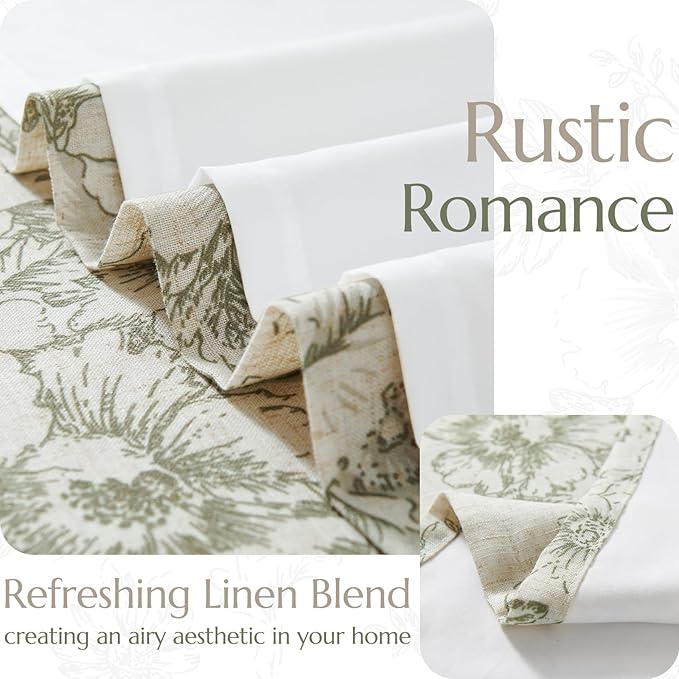 jinchan Linen Blend Floral Curtains for Living Room 90 Inches Extra Long Farmhouse Printed Curtain Back Tab Green Peony Flower Patterned Drapes Bedroom Window Curtains Set 2 Panels