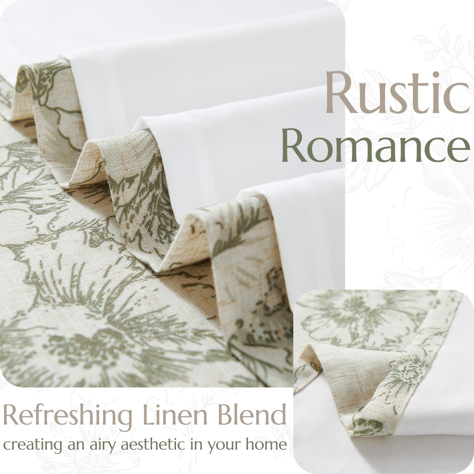 jinchan Green Floral Linen Light Filtering Curtains for Living Room 63 Inches Long