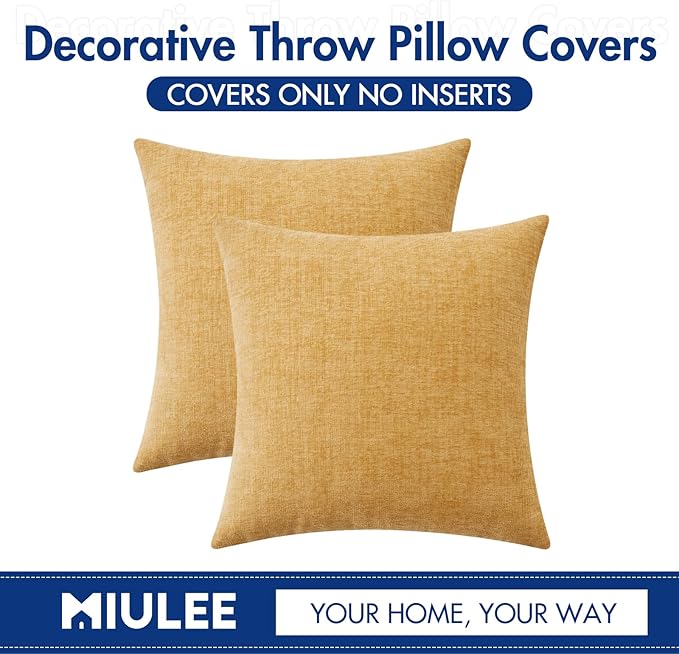 MIULEE Soft Chenille Throw Pillow Covers Gold 20x20 Inch Pack of 2