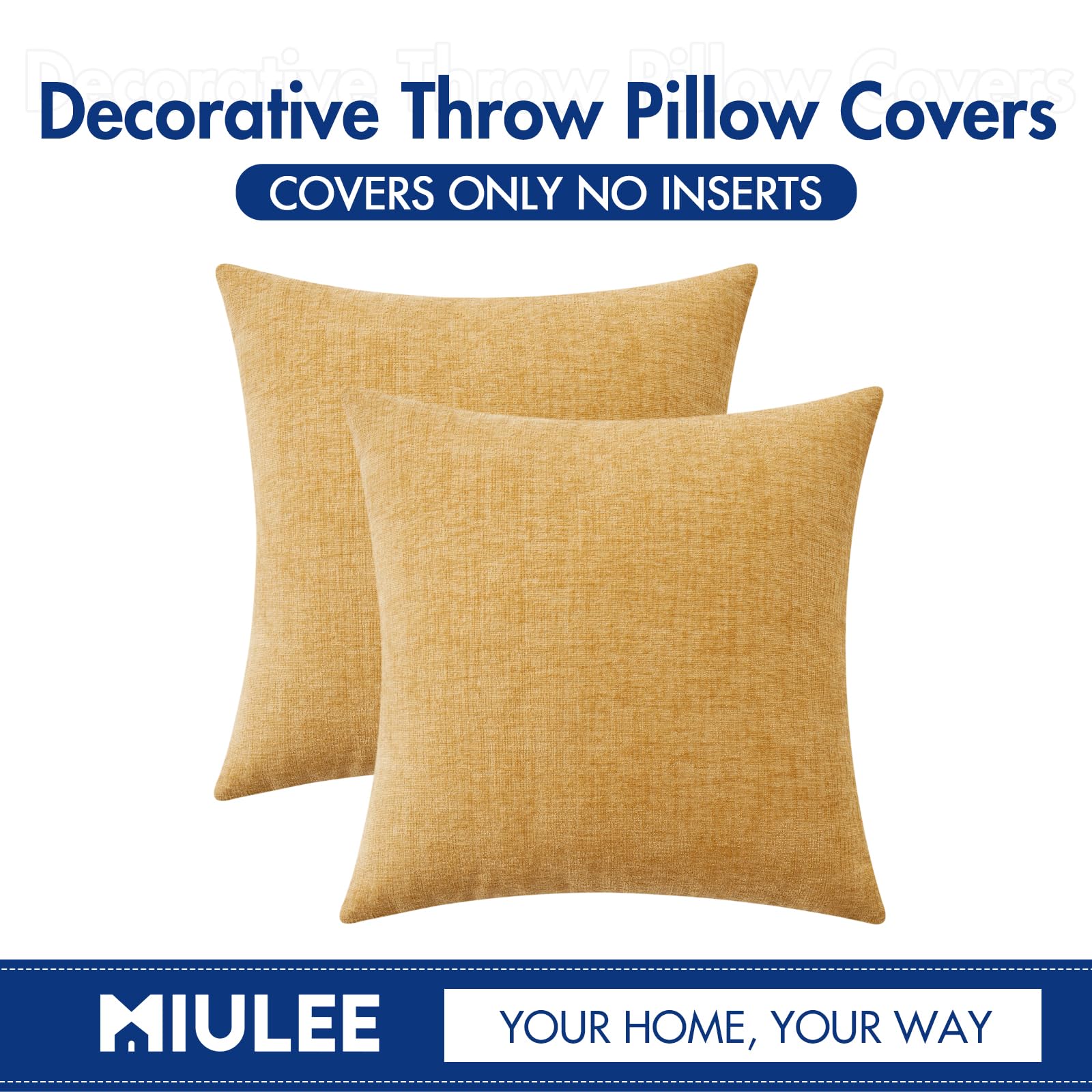 MIULEE Soft Chenille Throw Pillow Covers Gold 18x18 Inch Pack of 2