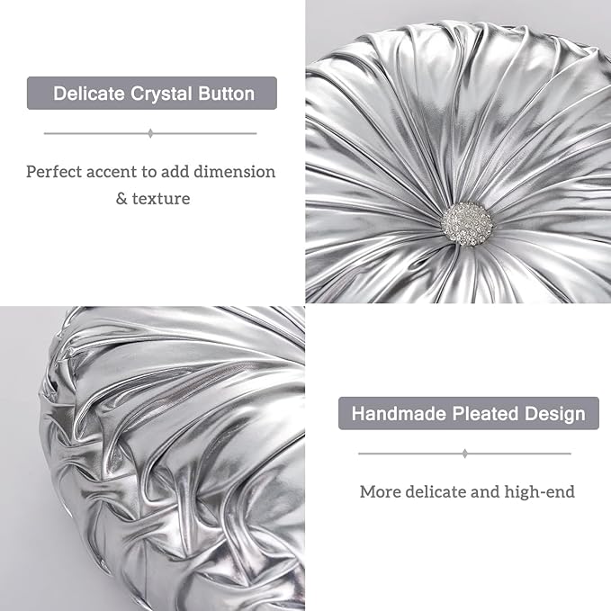 HIG Set of 2 Silver Metallic Leather Decorative Round Pleated Throw Pillows