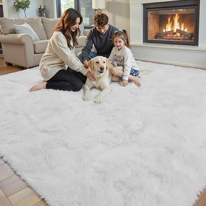 5x8 White Shag Area Rug for Living Room, Fluffy Plush Carpet