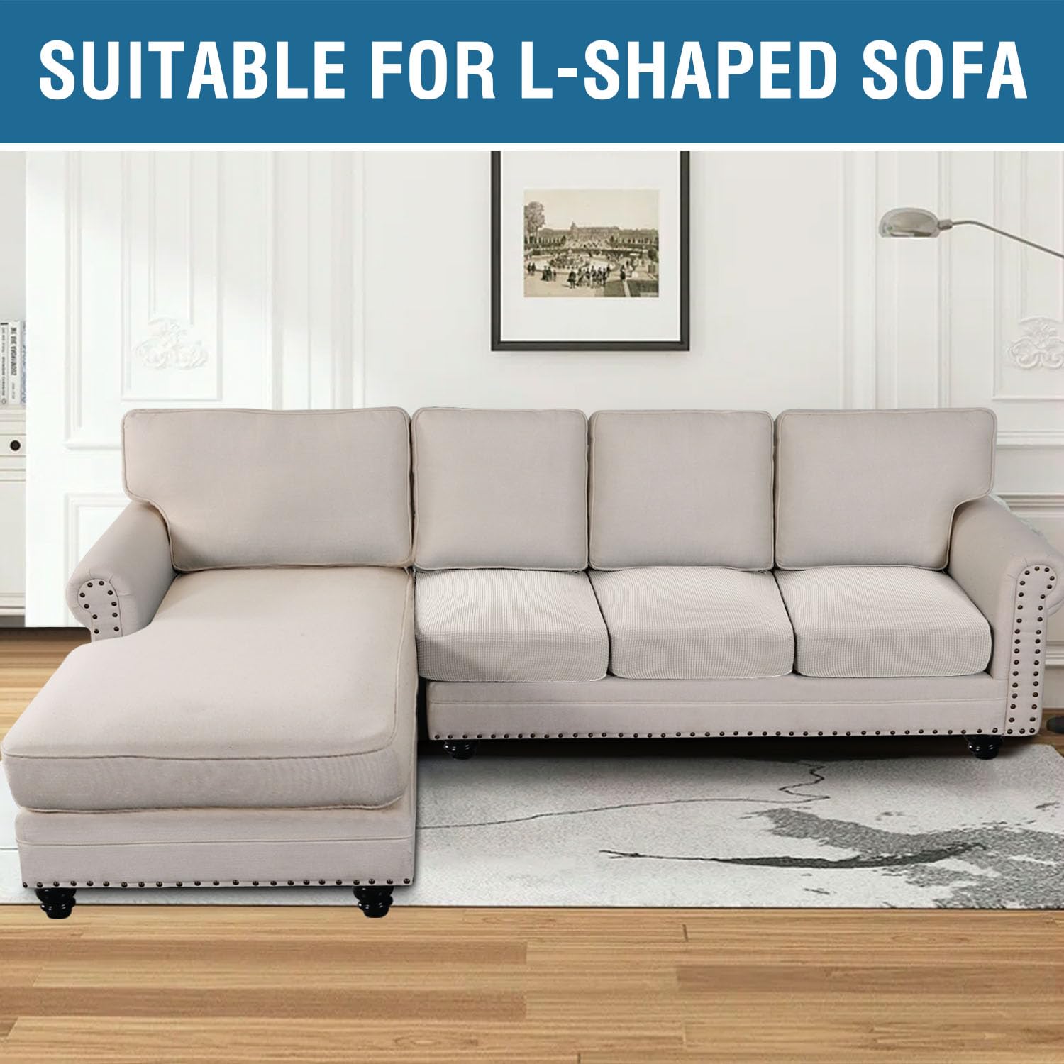 H.VERSAILTEX Super Stretch Individual Seat Cushion Cover Sofa Covers Couch Cushion Covers Slipcover Sets Thick Jacquard Textured Twill Fabric (3 Piece Sofa Cushion Covers, Ivory)