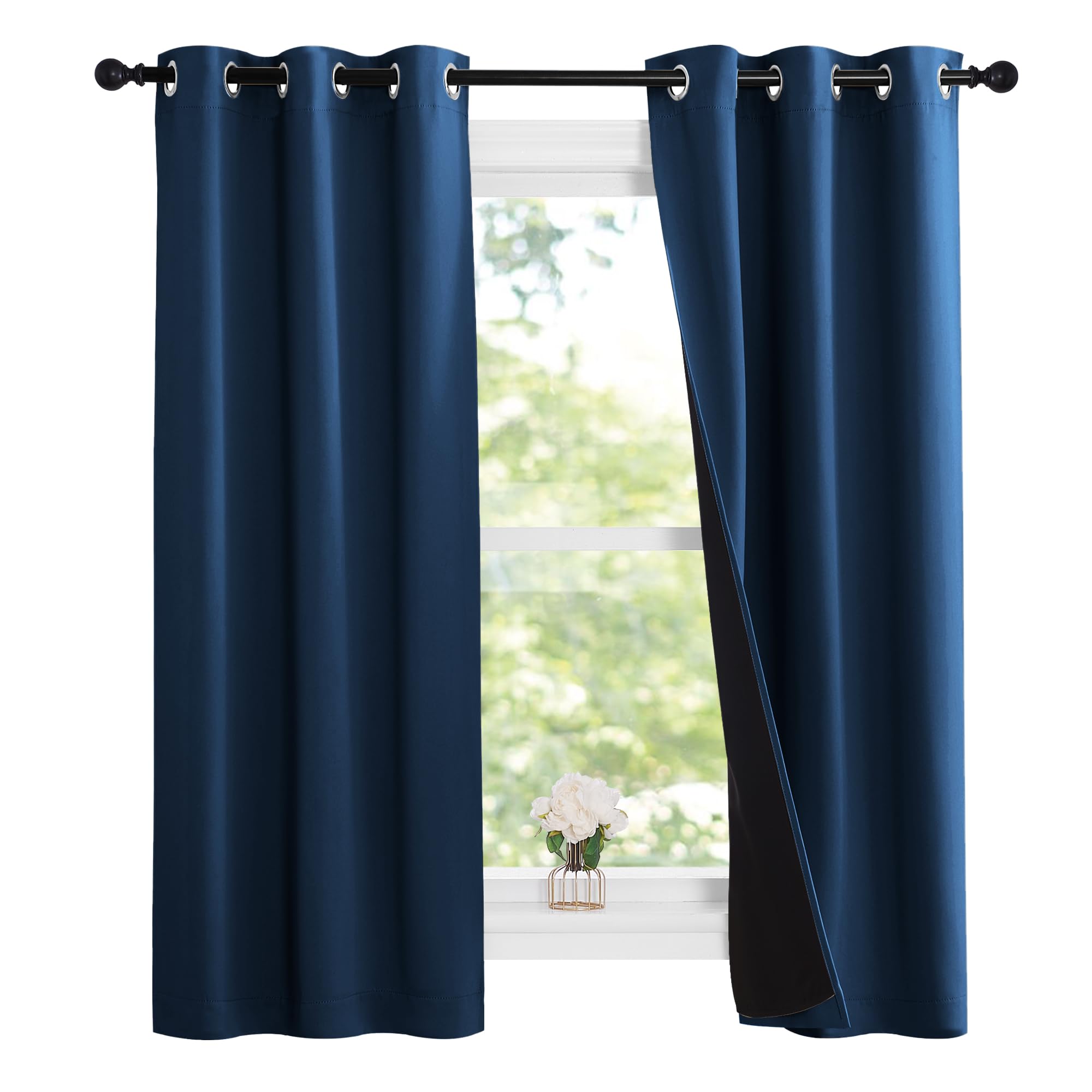 NICETOWN 100% Blackout Short Curtains with Black Liners, 2 Panels, 37" W by 50" L, Moroccan Blue, Thermal Insulated Full Blackout 2-Layer Lined Drapes, Energy Efficiency Window Draperies for Bedroom