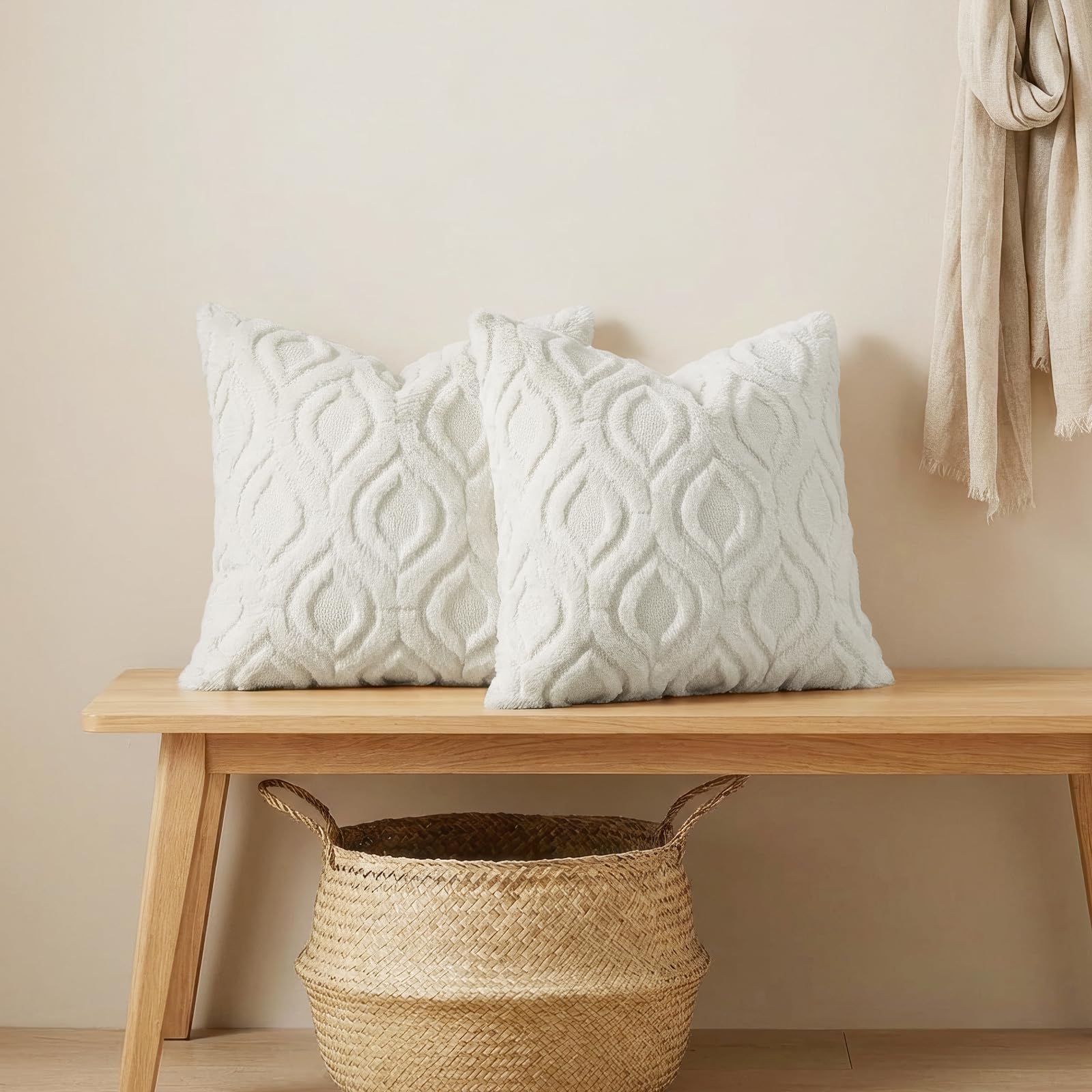 decorUhome Throw Pillow Covers 26x26 Inch Set of 2, Soft Plush Decorative Faux Fur Cream White Solid Couch Pillow Covers, Accent Farmhouse Neutral Square Euro Pillow Cases for Sofa Bed Living Room