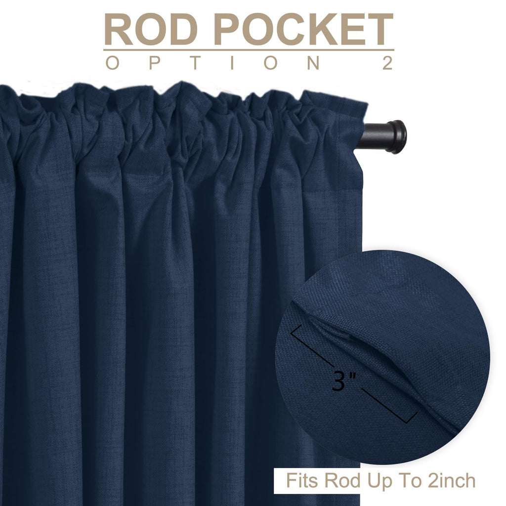 Faux Linen Total Blackout Curtains for Bedroom 90 Inch Long Midnight Blue