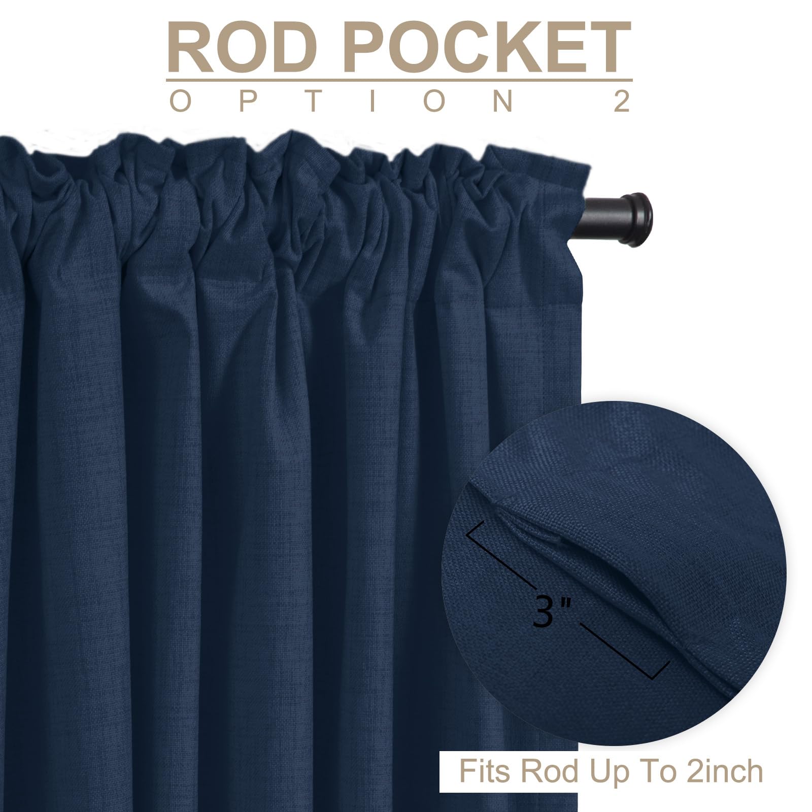 Faux Linen Total Blackout Curtains for Bedroom 84 Inch Long Midnight Blue