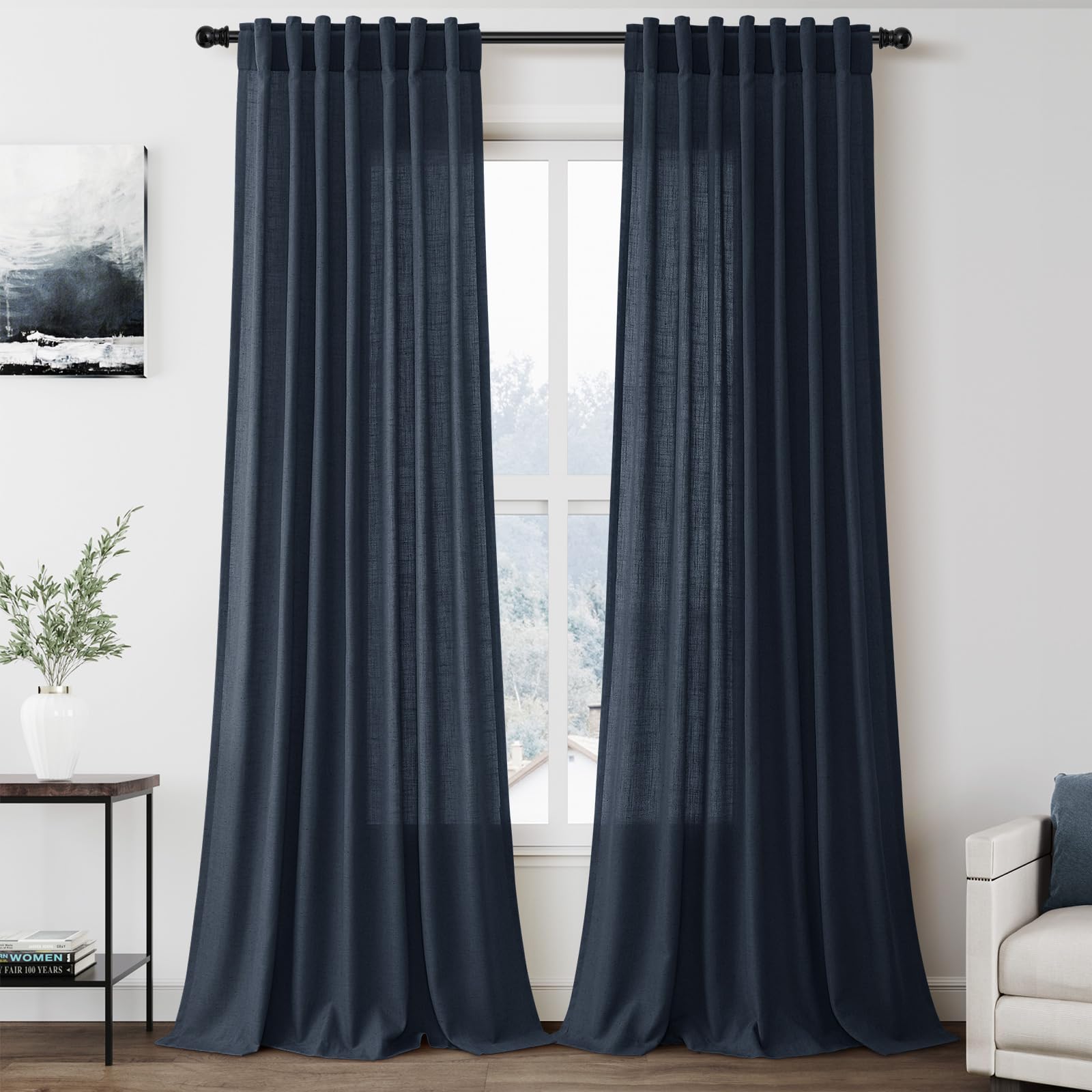 Nanspring Vintage Blue Linen Curtains 96 Inches Long 2 Panels Set for Living Room Bedroom Back Tab Rod Pocket Semi Sheer Light Filtering Drape for Bedroom Vintage Country Decor Protect Privacy 52x96