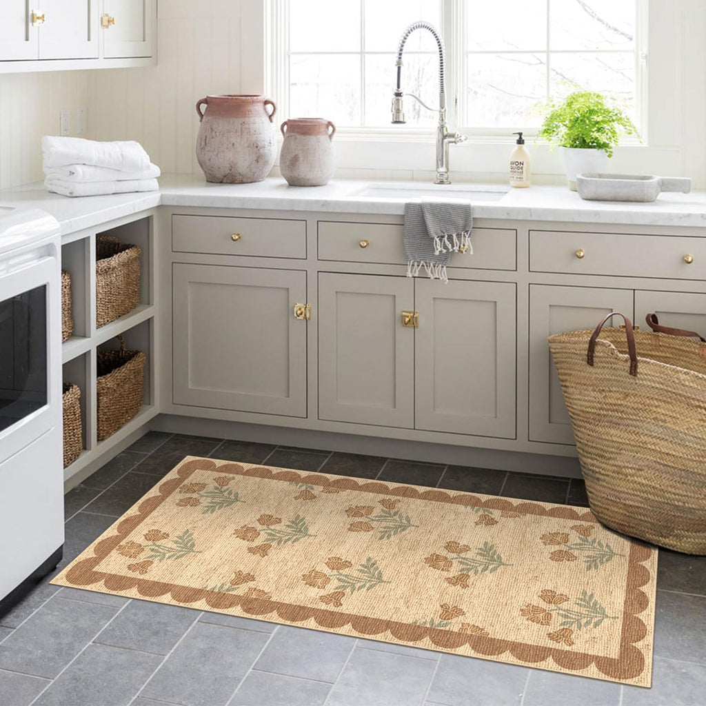 Othilic Front Door Mat Indoor Entrance - 2x4.3 Ft Tan Floral Washable Layered Doormat Outdoor Entrance Porch Rug Non-Slip Neutral Country Jute-Look Runner Rug for Kitchen Mud Laundry Room Porch Decor