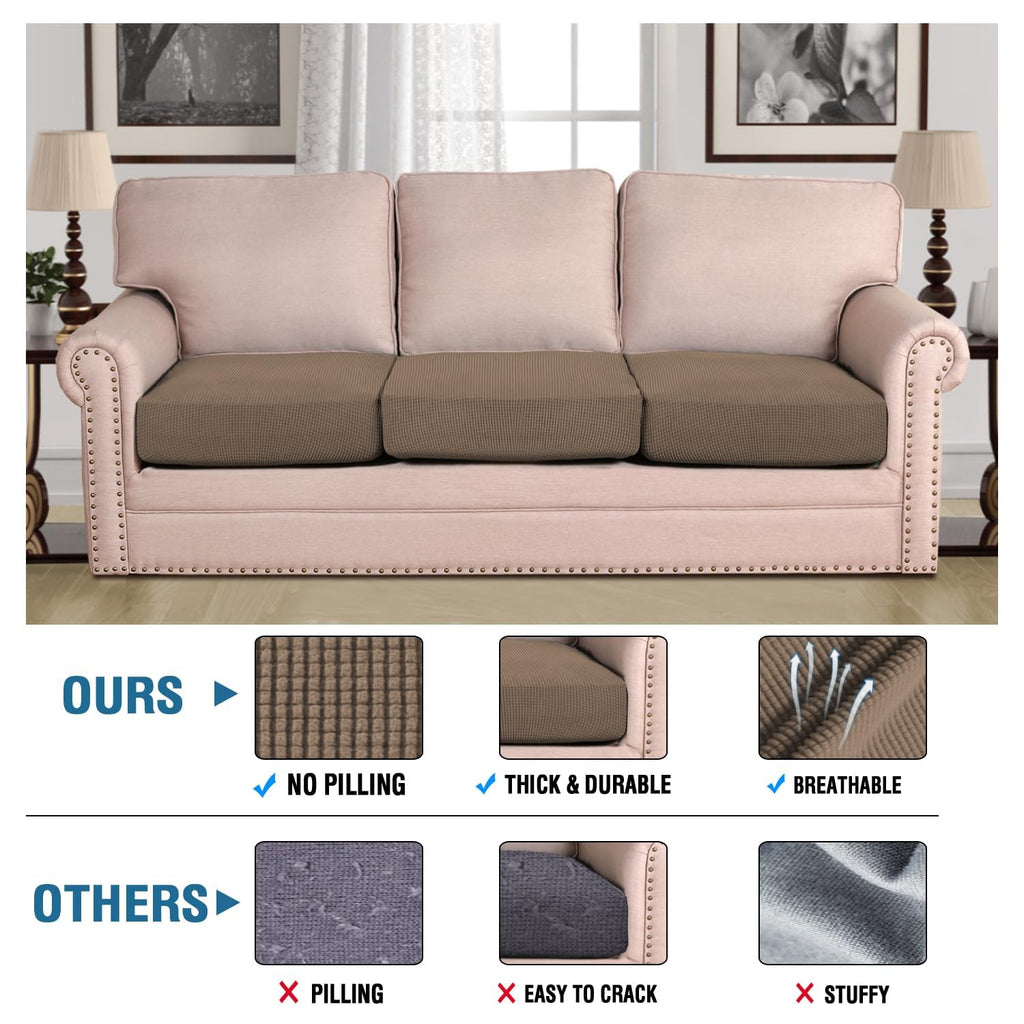 H.VERSAILTEX Super Stretch Individual Seat Cushion Covers Sofa Covers Couch Covers Slipcover Sets Thick Jacquard Textured Twill Fabric (3 Piece XL Sofa Cushion Covers, Macchiato)
