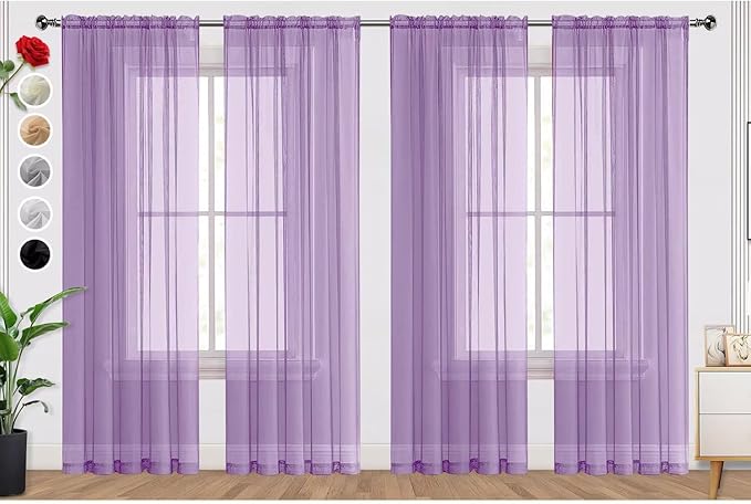SpaceDresser Lavender Sheer Curtains 4 Panels Rod Pocket Semi-Sheer Curtain 108 Inches Long Light Filtering Voile Window Drapes for Bedroom Living Room Kitchen, Each 52W x 108L