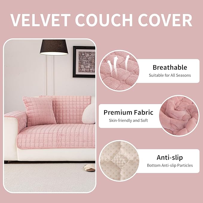 Velvet Couch Cover, Washable Sectional Sofa Cover, Anti Slip Sofa Slipcover for 3 Cushion Couch Sofa L Shaped Armrest Backrest, Furniture Protector Covers for Pets Kids(1PC,Pink,36"×71")