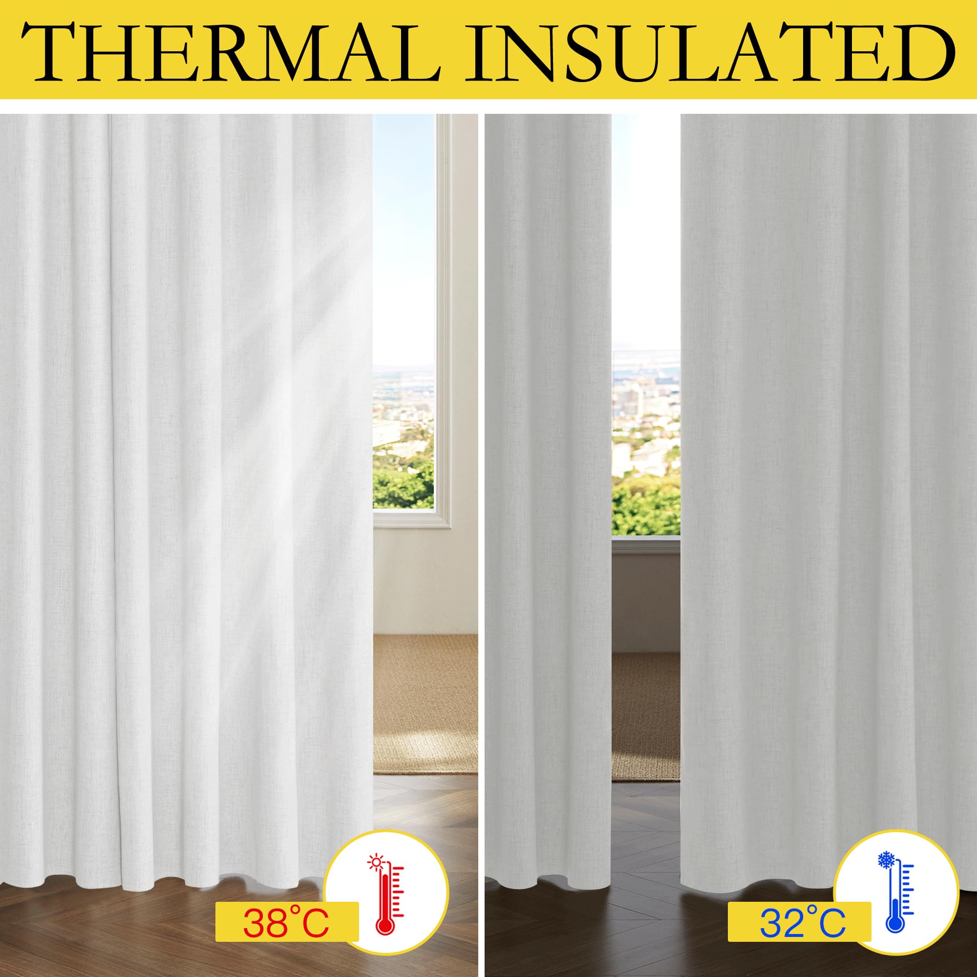NICETOWN 100% Absolutely Blackout Linen Curtains with Thermal Insulated Liner, Greyish White, 42" Wide, 54" Length Energy Saving Curtains for Dining Room 2 Panels Set, Vertical Blinds