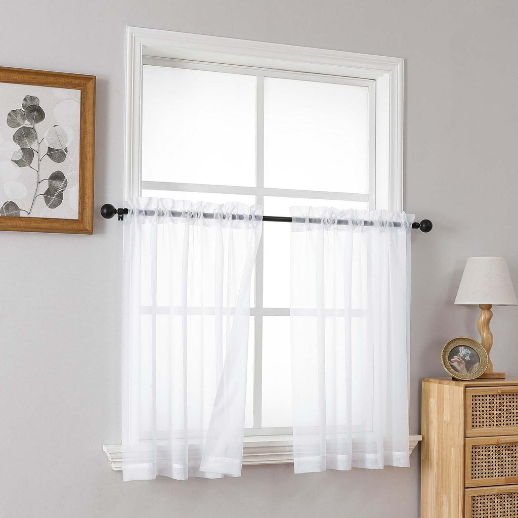 Ebesto White Small Sheer Curtains 2 Panels Set, Kitchen Curtains 24 Inch Length, Elegant Light Filtering Short Window Drapes for Living Room Bedroom, Dual Rod Pocket Design, 2x42Wx24L Inches