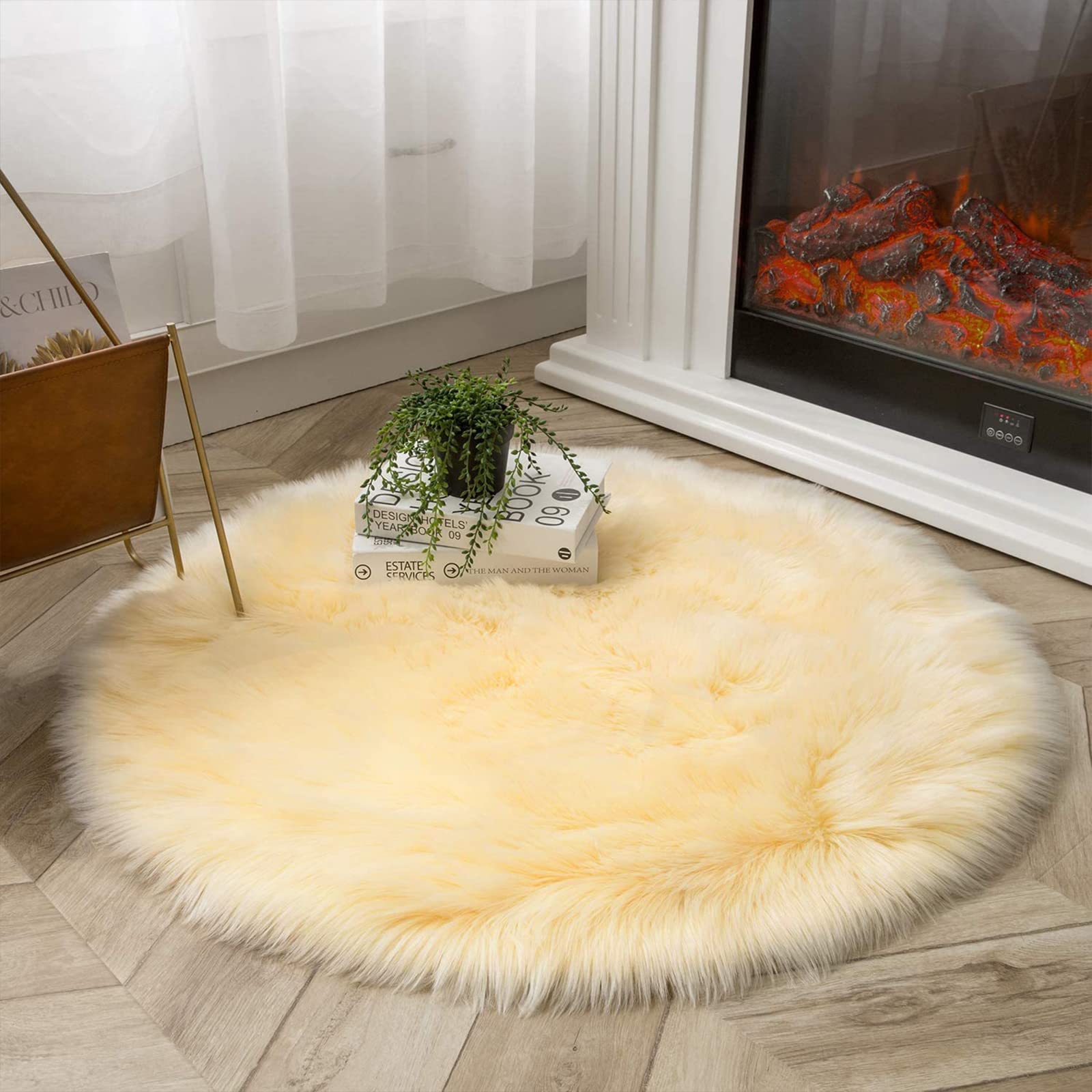 Latepis Yellow Round Rug 3ft Small Circle Faux Sheepskin Fur Rug Fluffy Boho Plush Rug Cute Furry Rugs for Bedroom Cushion Home Decor