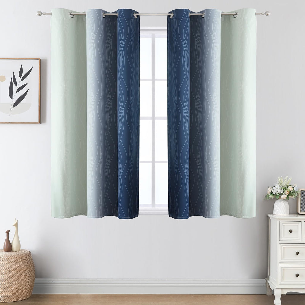 Sage Green and Navy Blue Ombre Blackout Curtains for Bedroom 54 Inches Long