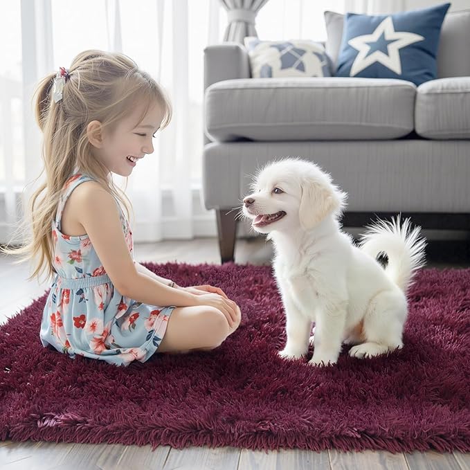 Area Rugs 9x12 Living Room, Burgundy Large Shaggy Carpet Plush Furry Rug