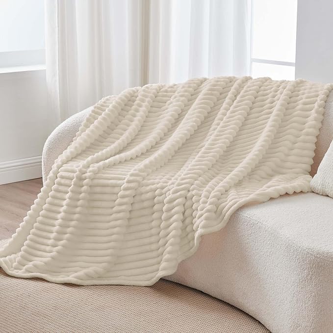 BEDELITE Fleece Throw Blanket for Couch - 300GSM Soft & Warm Fluffy Beige Blanket, Decorative and Giftable Striped Blankets for Women, Men, 50"x60"