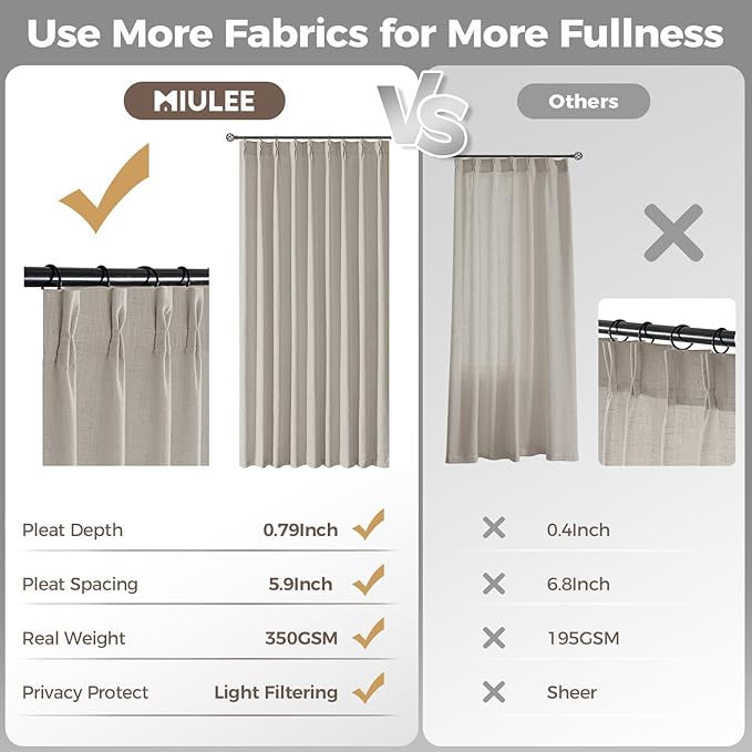 MIULEE Pinch Pleated Thick Linen Curtains 108 Inches Length Taupe Curtains