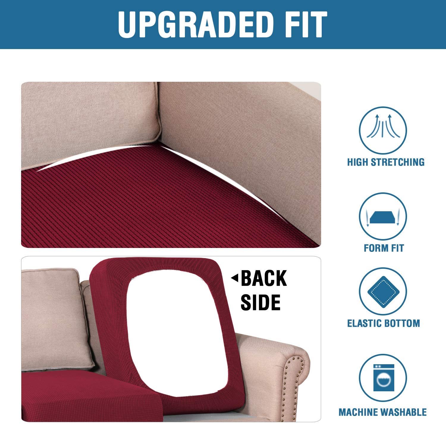 H.VERSAILTEX Super Stretch Individual Seat Cushion Covers Sofa Covers Couch Cushion Covers Slipcover Sets Thick Jacquard Textured Twill Fabric (2 Piece Large Sofa Cushion Covers, Burgundy Red)