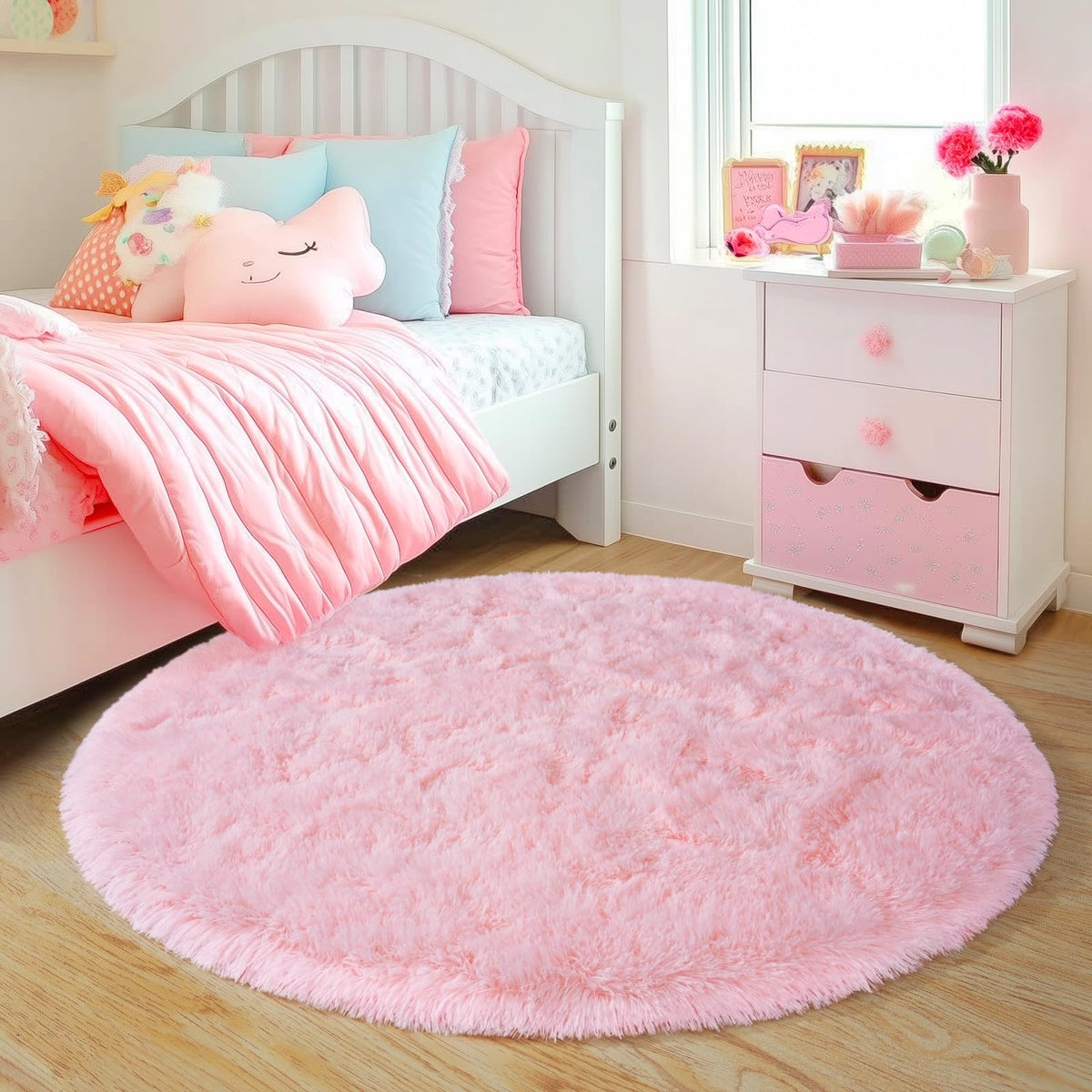 Quntue 4'x4' Grey Round Rug for Bedroom, Ultra Soft Fluffy Circle Rug for Kids Girls Boys Room, Cute Shag Rugs for Living Room Playroom Teen Room Home Decor Rug
