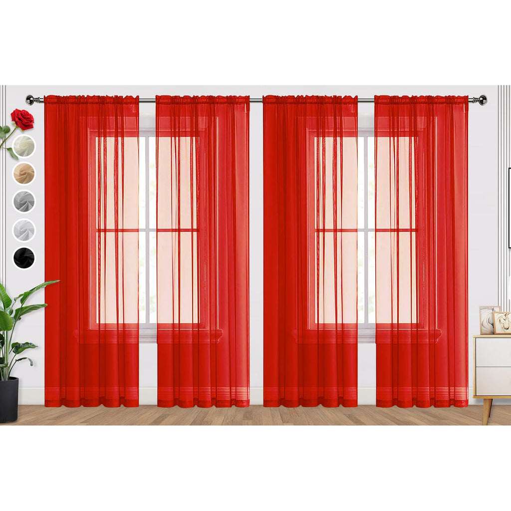 SpaceDresser Sheer Red Curtains 4 Panels Rod Pocket Semi-Sheer Curtain 54 Inches Long Light Filtering Voile Window Drapes for Bedroom Living Room Kitchen, Each 52W x 54L
