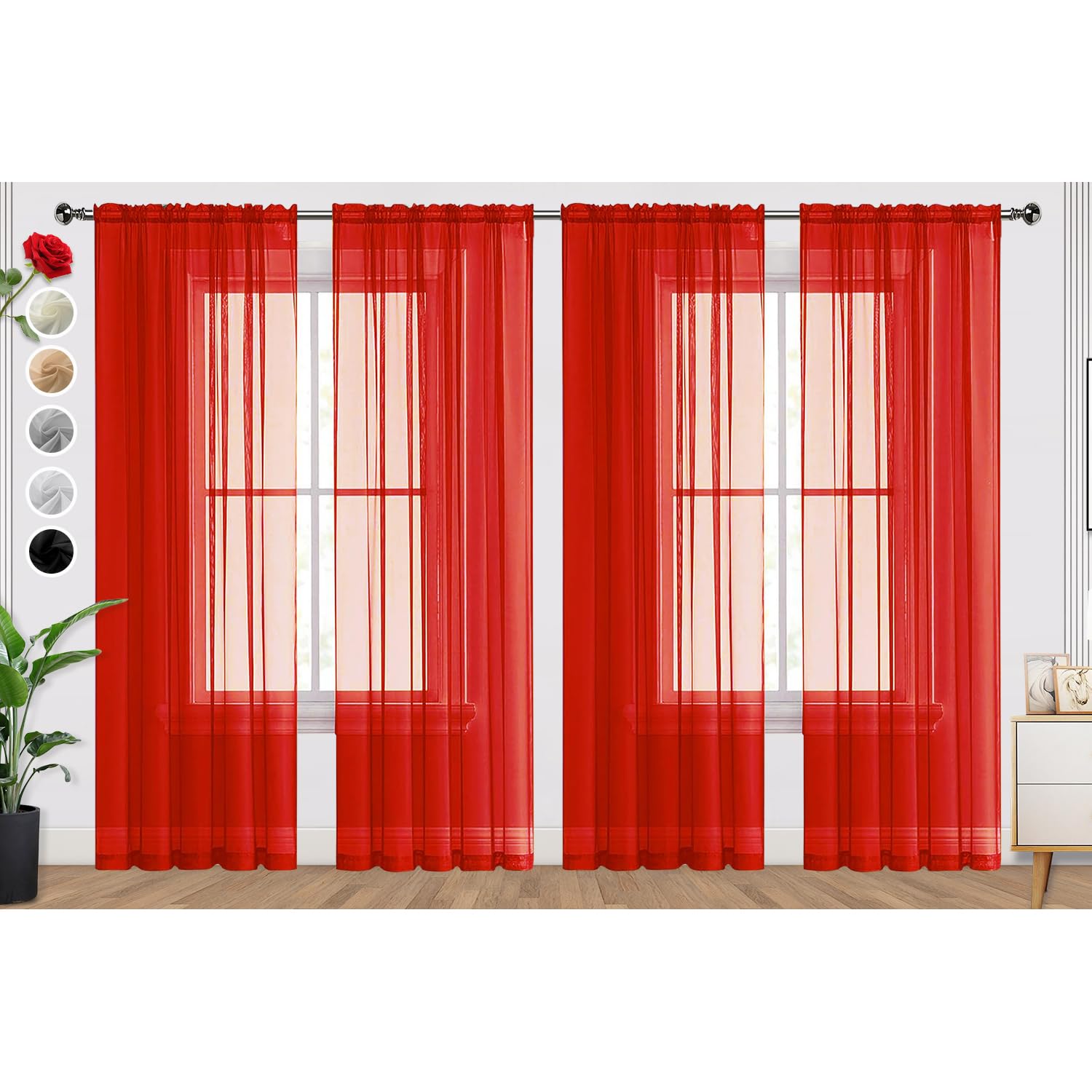 SpaceDresser Sheer Red Curtains 4 Panels Rod Pocket Semi-Sheer Curtain 54 Inches Long Light Filtering Voile Window Drapes for Bedroom Living Room Kitchen, Each 52W x 54L