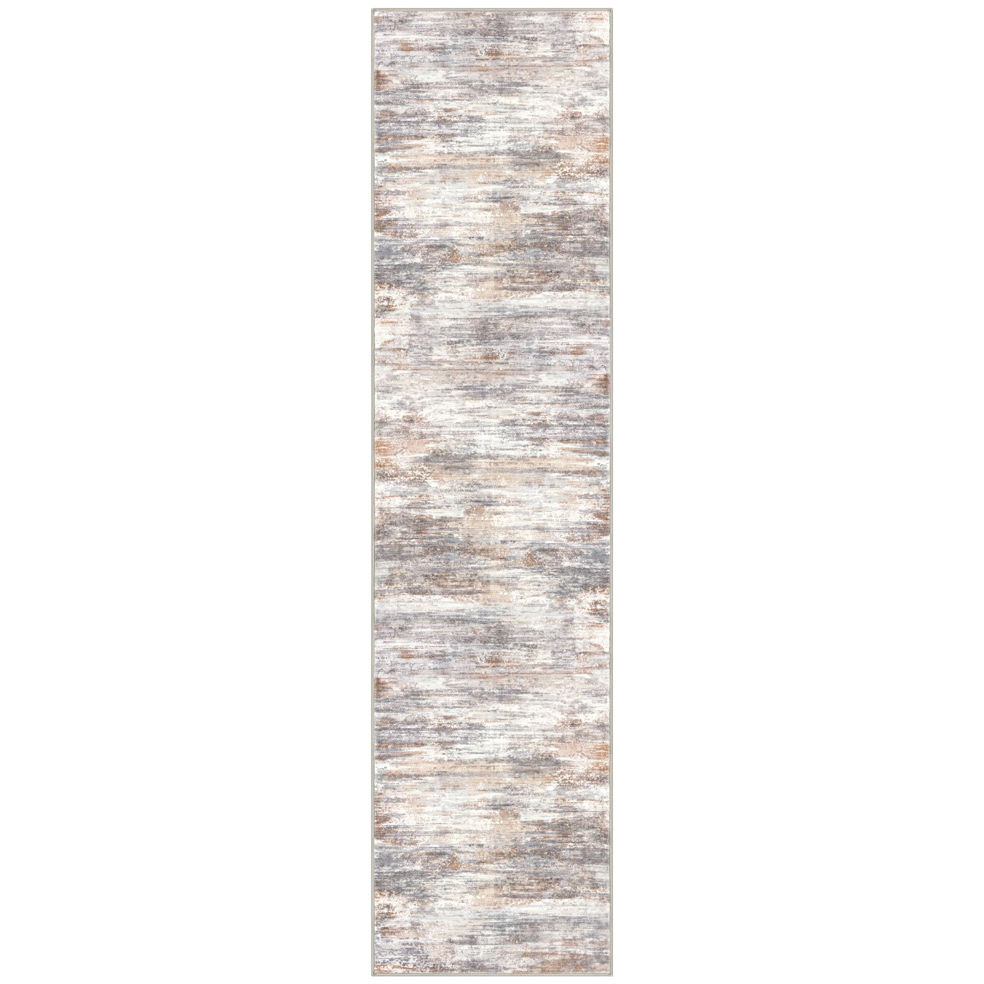 KOZYFLY Modern Abstract Washable Rug Runner 2.6x10 Hallway Rug Runner Non-Slip Soft Kitchen Runner Rugs, Multi Grey/Orange Striped Carpet for Entryway Bathroom