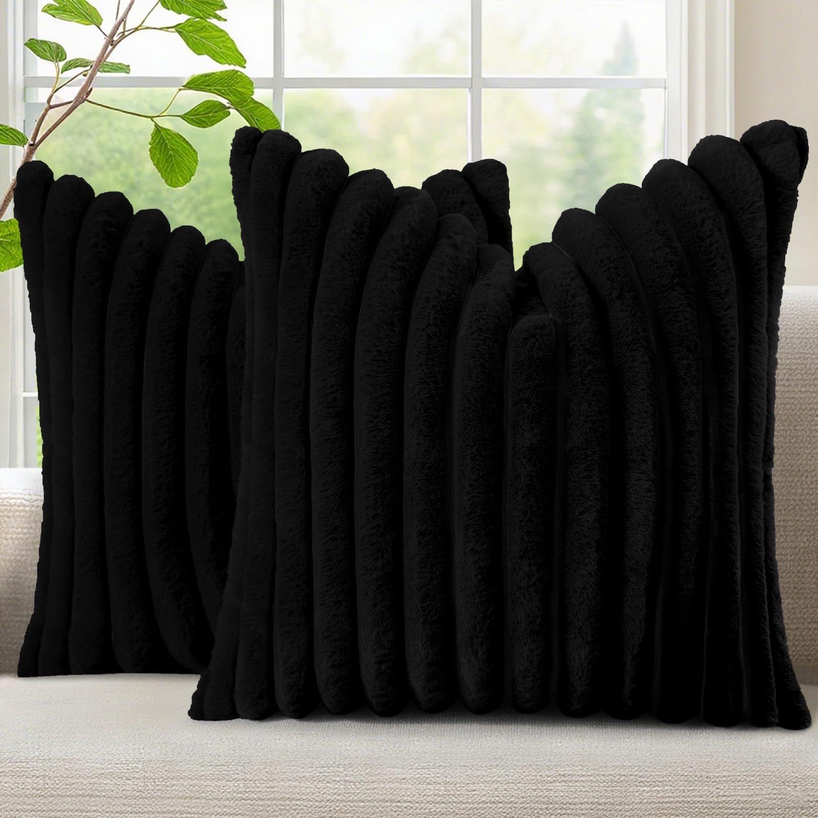 decorUhome Fall Faux Fur Throw Pillow Covers 24x24 Set of 2 Black