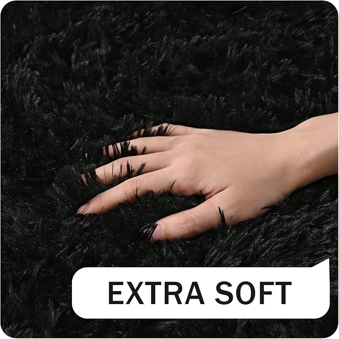 Amearea Shag Fluffy Small Rug, 2x4 Feet Throw Rugs for Bedroom Girls Living Room, Extra Soft and Fuzzy Shaggy Carpet, Non Slip, Solid Color Nursery Home Floor Decor Carpets, Black