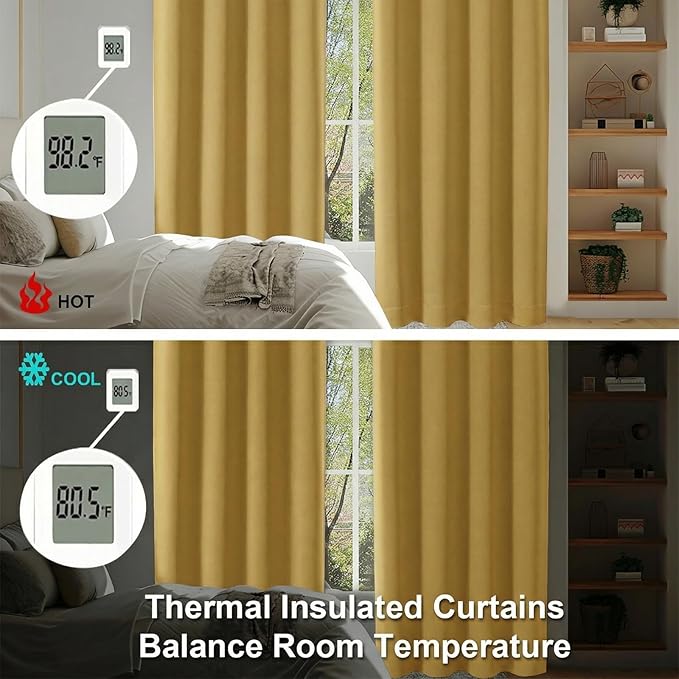 Simplebrand Ava Bright Gold Short Blackout Curtains for Bedroom 54 Inches Long 2 Panels Set, Solid Thermal Insulated, Energy Saving Window Treatment Curtains Blackout Drapes, W40 x L54 Inch