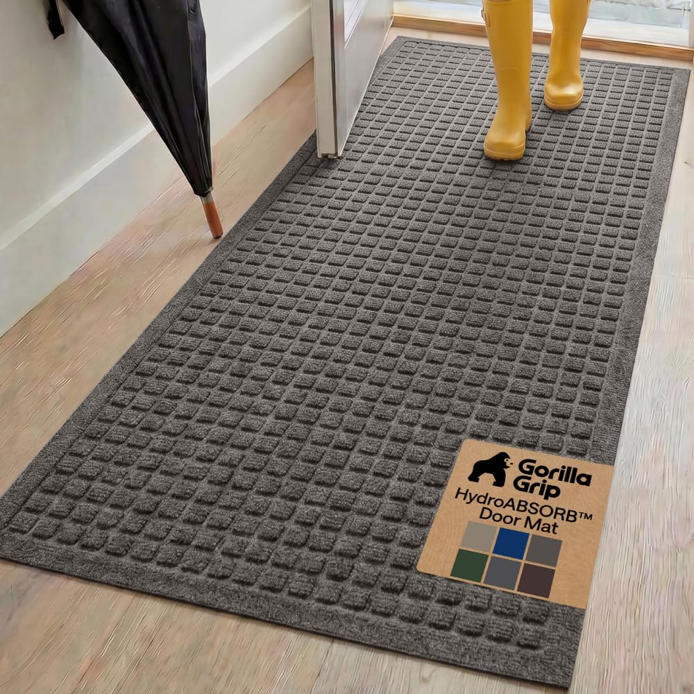 GORILLA GRIP® Ultra Absorbent Front Door Mat Outside Entrance, 72x24, Traps Dirt and Moisture, HydroABSORB Indoor Outdoor Doormat Holds 2.75 Cups Water, Stain and Fade Resistant Welcome Mat, Charcoal