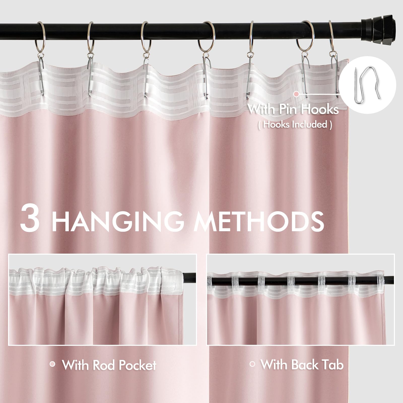 MIULEE Light Pink Back Tab Blackout Curtains 52x102 Inch Long 2 Panels Set