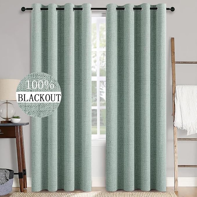 MIULEE 100% Blackout Linen Curtains for Bedroom 52x84 Inches Seafoam Green