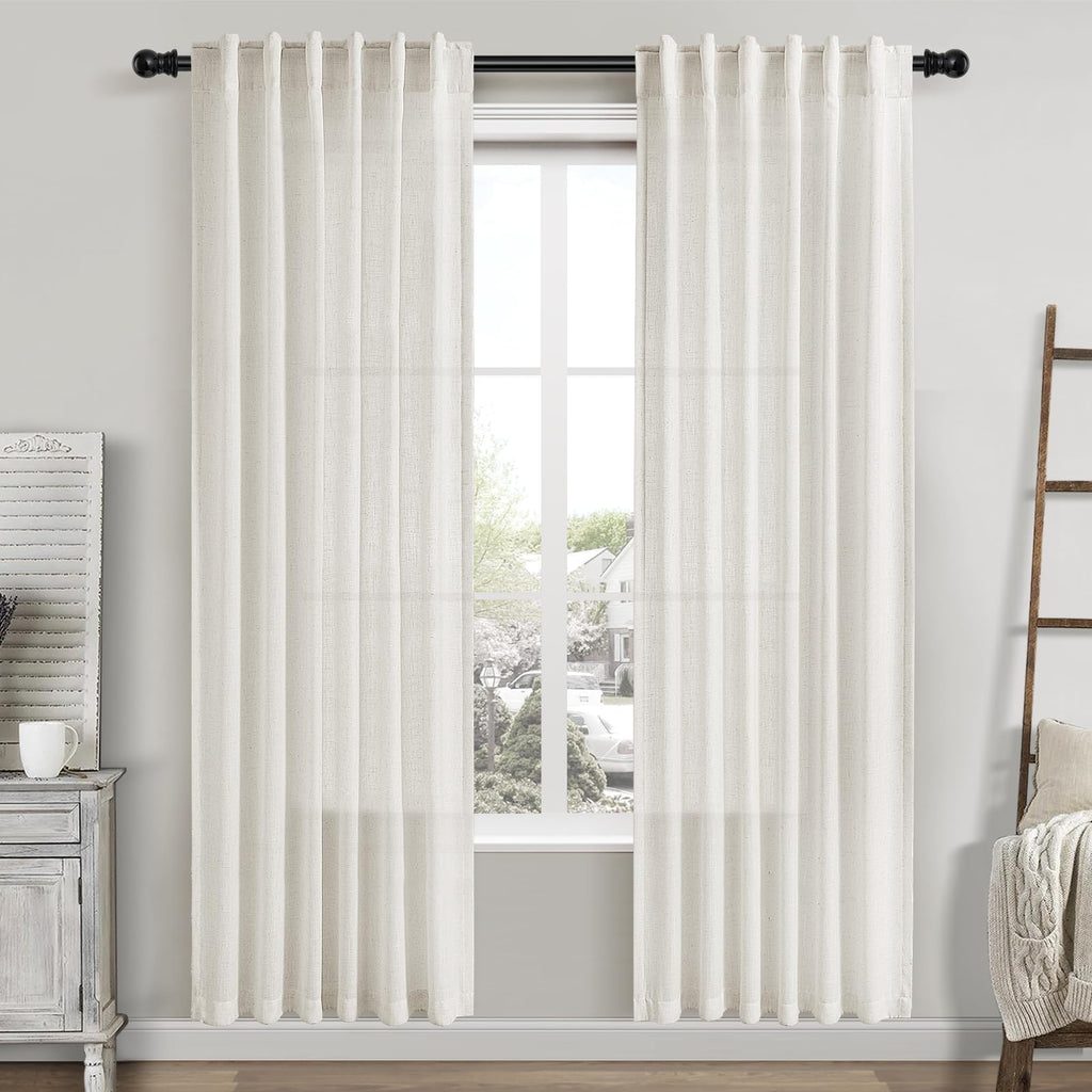 Cream Linen Curtains 80 Inch Length 2 Panels Set Back Tab Drapes for Bedroom Living Room Modern Farmhouse Coastal Decor Semi Sheer Privacy Light Filtering Windows Dining Room 42x80