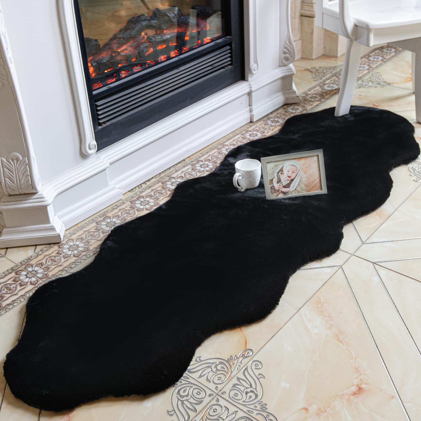 ThreadGlobe Fluffy Faux Rabbit Fur Rug Runner 2'x6', Ultra Soft & Non-Slip Rugs for Bedroom, Living Room, Nursery, No Shedding Machine Washable Rug, Black, 2x6 Ft