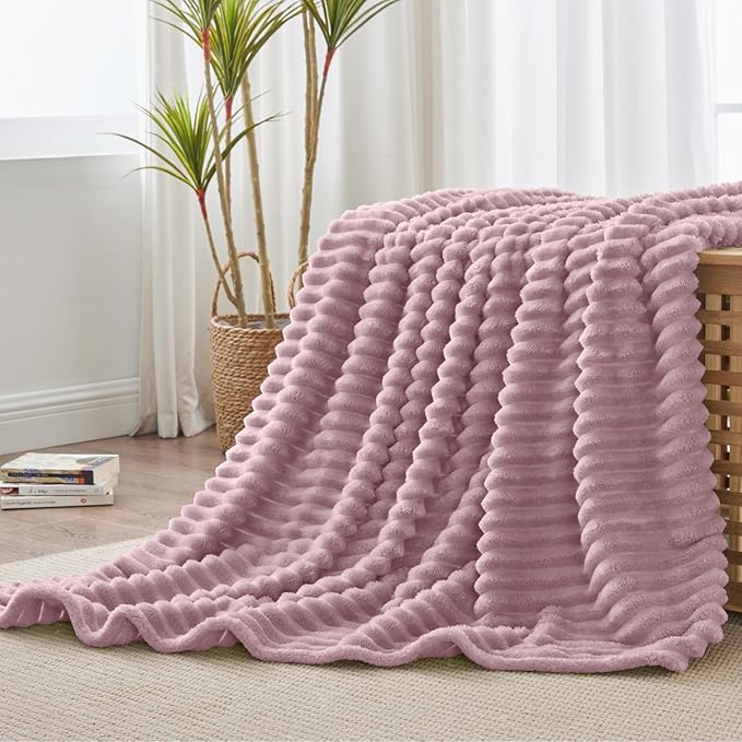 BEDELITE Twin Blanket for Couch & Bed, 300GSM Soft & Warm Fleece Blanket, Decorative and Giftable Striped Berry Purple Blankets for Women, Men, 60"x80"