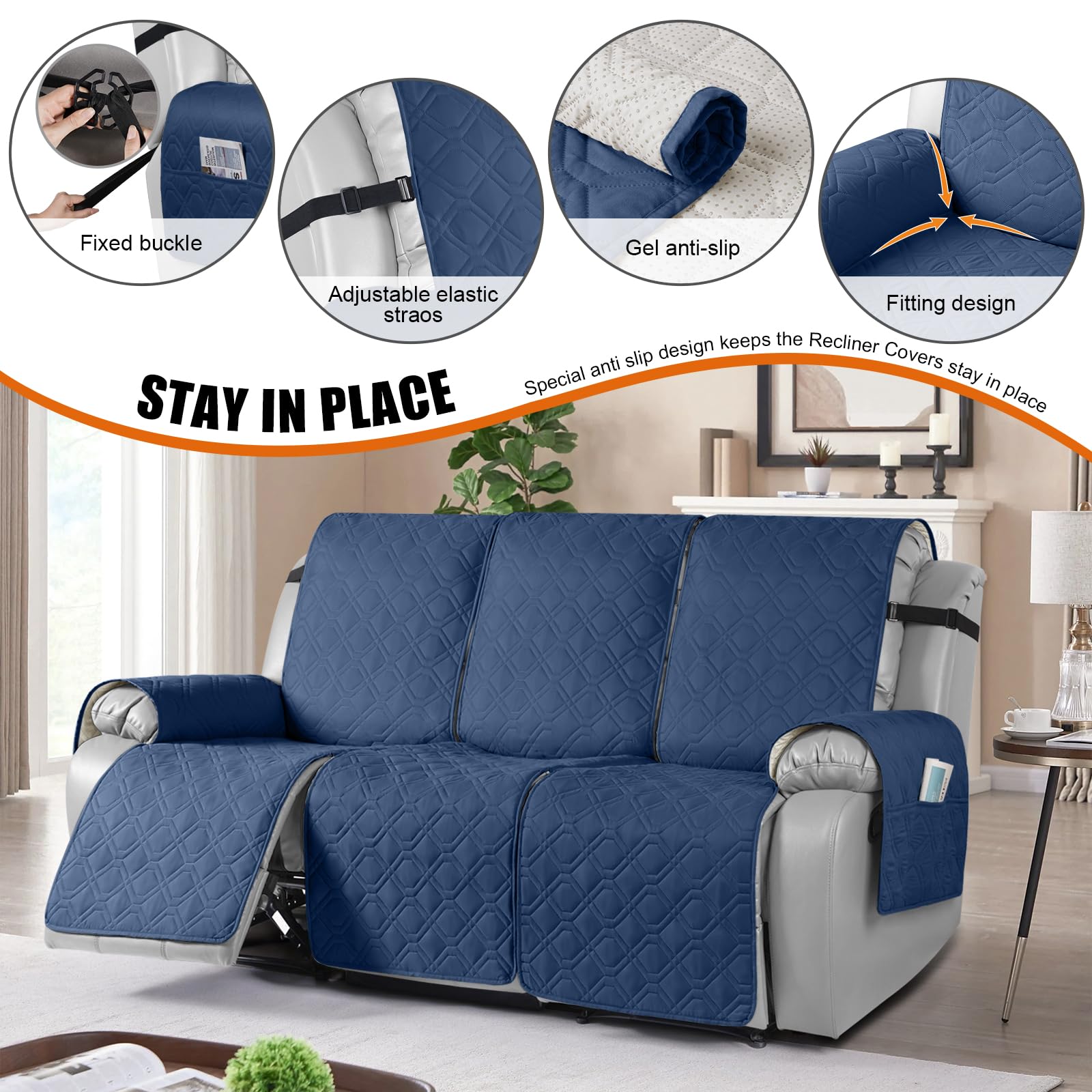 VANSOFY Waterproof Recliner Couch Covers Washable, Ocean Blue,3 Seater