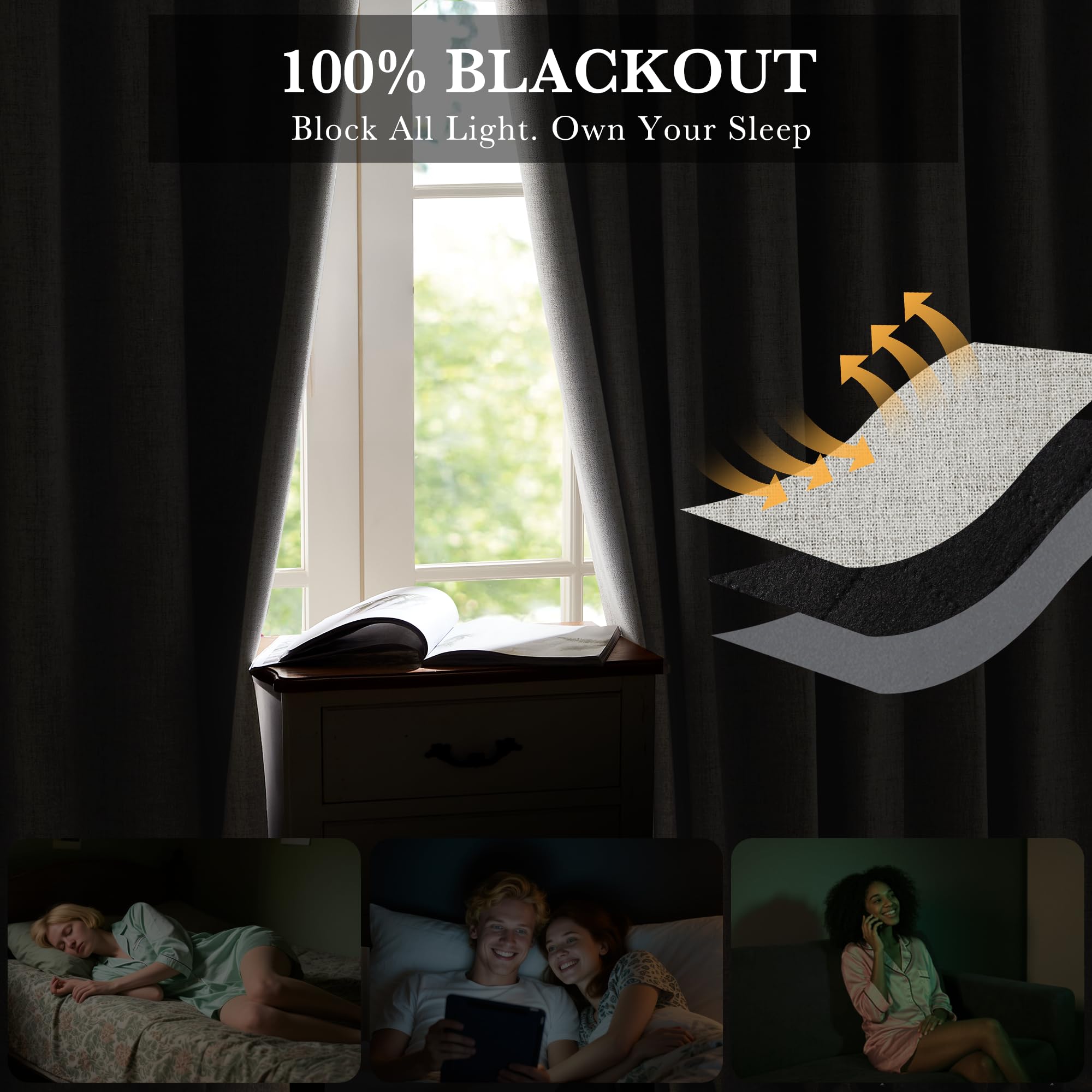 RYB HOME Cream 100% Blackout Curtains 63 inch Long, Light Blacking & Thermal Insulated Curtains for Nursery/Bedroom/Kids'Room, Back Tab & Rod Pocket Window Treatment, W52 x L63, 2 Panels