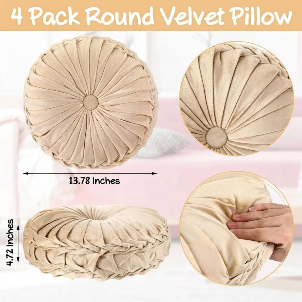 Kathfly 4 Pcs Decorative Round Pleated Throw Pillows, Classy Velvet Pumpkin Round Throw Pillows, Decorative Floor Pillow for Bed Chair Home Sofa Decor, 14" Diameter (Beige,Khaki,Gray,Dark Gray)