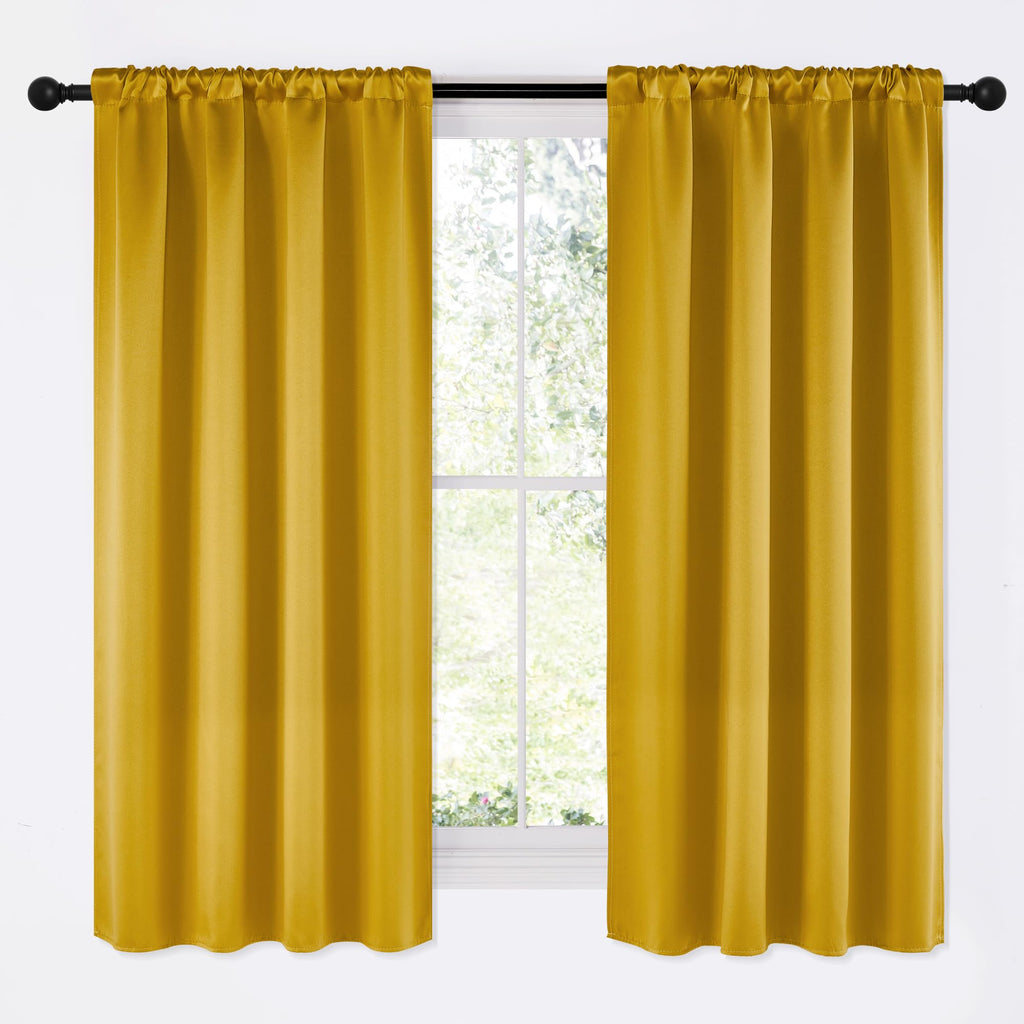 NICETOWN Gold Blackout Cafe Faux Silk Curtains for Small Windows, 42" Wide by 63" Long, 2 Panels, Rod Pocket Privacy Blackout Satin Drapes for Home Decoration
